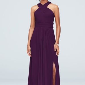 Dark purple, flattering bridesmaids-style dress!